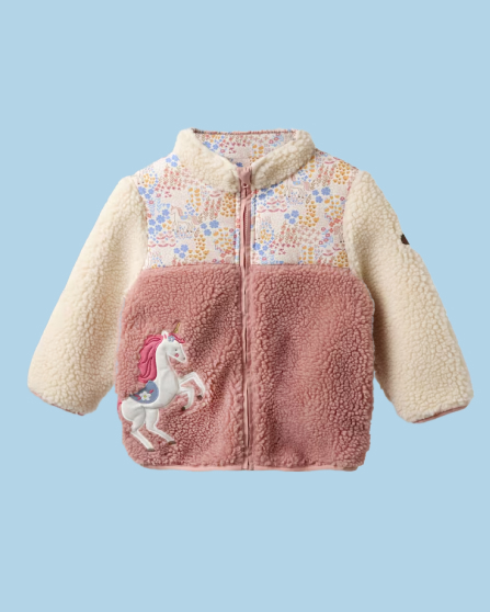Pink Floral Unicorn Fleece Appliqué Reversible Jacket