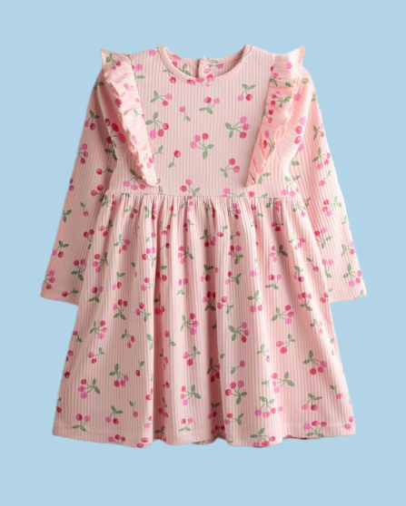 Light Pink Cherry Frill Long Sleeve Dress