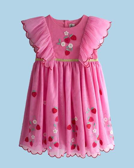 Bright Pink Strawberry Wildflower Embroidered Puff Sleeve