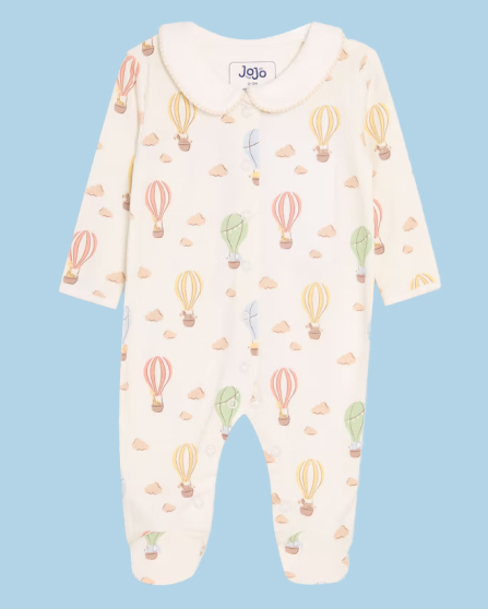 Cream Hot Air Balloon Print Cotton Collared Footed Sleepsuit
