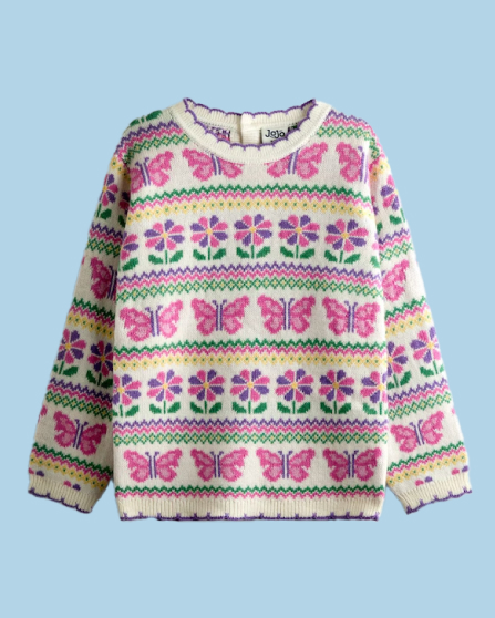 White Butterfly Cherry Intarsia Scallop Edge Jumper