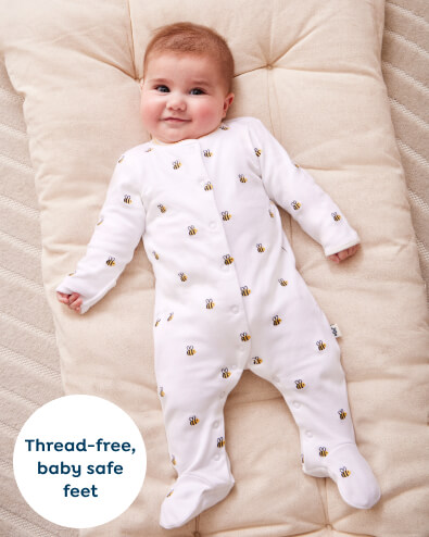 White Bee Footed Embroidered Sleepsuit